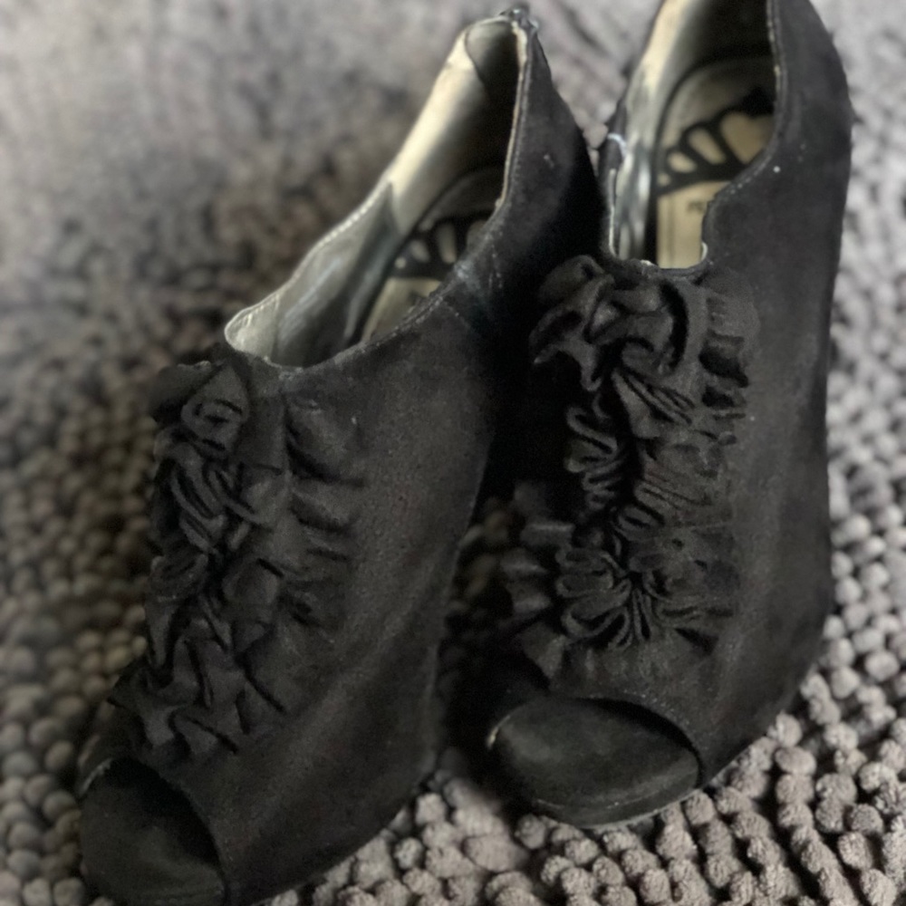 Fergalicious Ruffled Open-Toe Ankle Booties